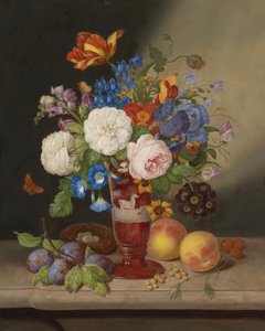 Boeket bloemen in een vaas, omgeven door fruit door Georg Seitz